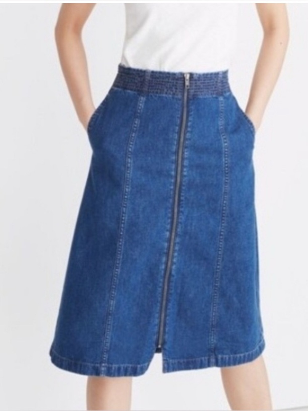 Madewell Denim A-Line Midi Skirt Front Zip Cotton Linen Size 29